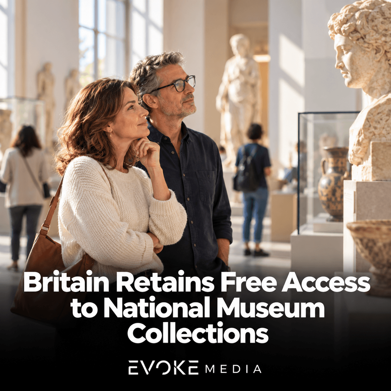 Illustration of visitors viewing sculptures and artefacts in a sunlit museum gallery.