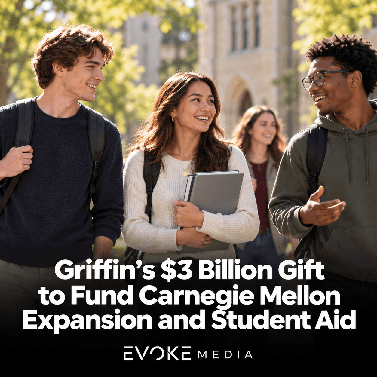 Illustration of university students walking together on a sunlit campus.