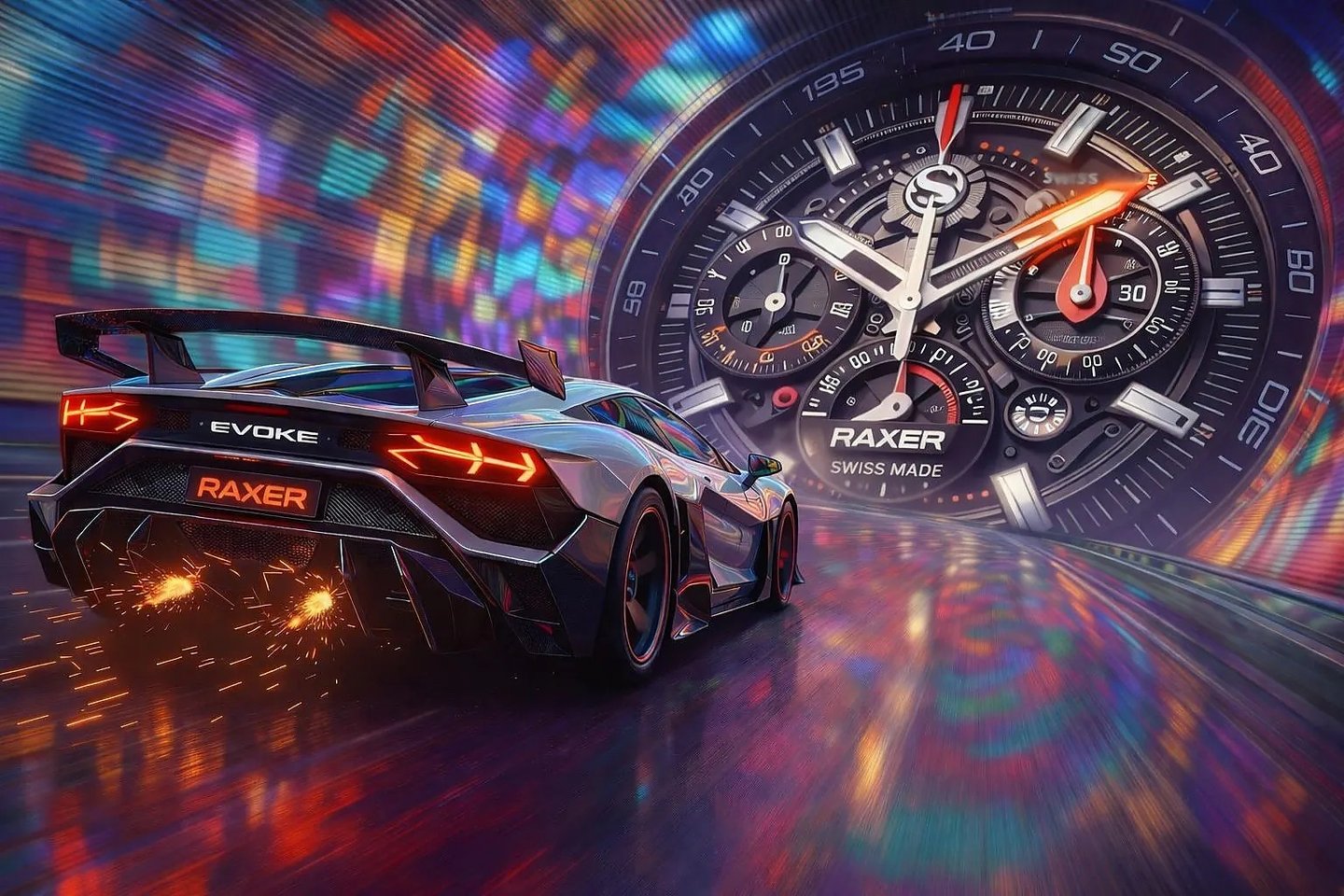 EVOKE Immersive Technologies' hero artwork: a silver sports car badged EVOKE and RAXER races through a tunnel of coloured light, sparks flying from its exhausts, towards the giant face of a RAXER Swiss Made watch.