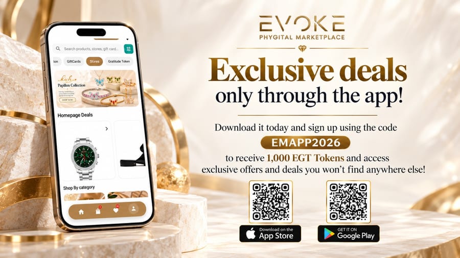 EVOKE Marketplace's artwork for the app: the app open on a phone, the words "Exclusive deals only through the app!", the sign-up code EMAPP2026 for 1,000 EGT tokens, and QR codes for the App Store and Google Play.