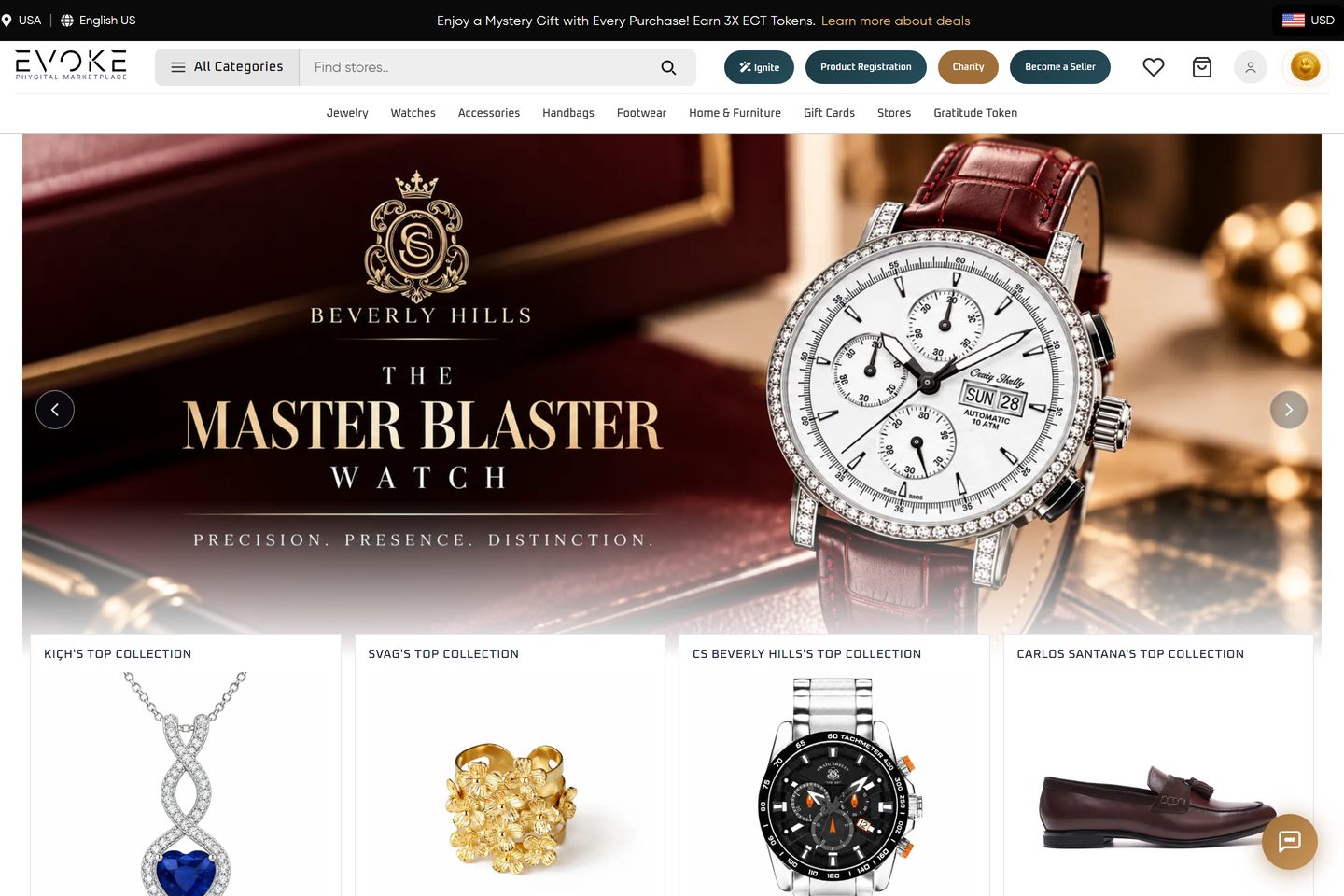 The top of the EVOKE Marketplace home page: the EVOKE Phygital Marketplace header with search and category links, a banner for CS Beverly Hills' Master Blaster watch, and the first tiles of the top collections from KIÇH, SVAG, CS Beverly Hills and Carlos Santana.