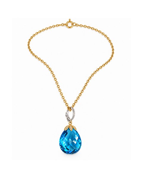 A blue teardrop pendant with a leaf-inspired cluster of clear accents.