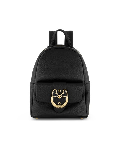 The Baroque Black Backpack: a small black leather backpack with a gold-tone heart buckle on its front pocket.