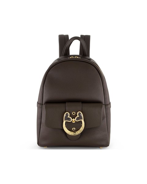 The Baroque Brown Backpack: a small dark brown leather backpack with a gold-tone heart buckle on its front pocket.