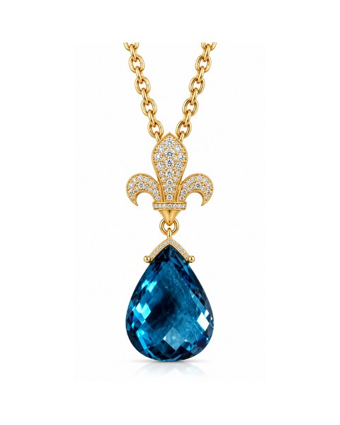 A blue teardrop pendant hanging beneath an ornate fleur-inspired setting.