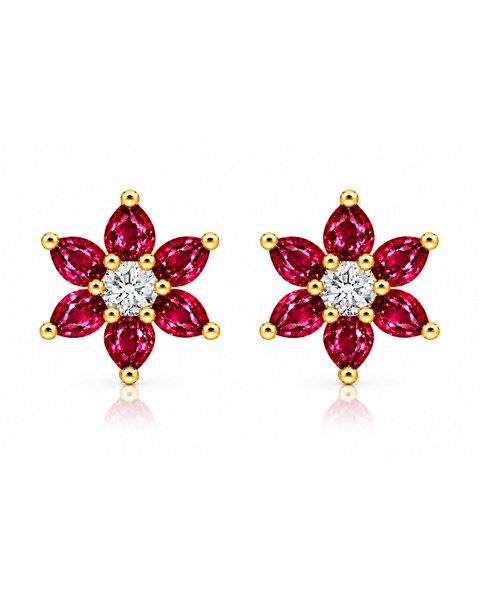 Floral stud earrings with six red petals around a clear round centre.