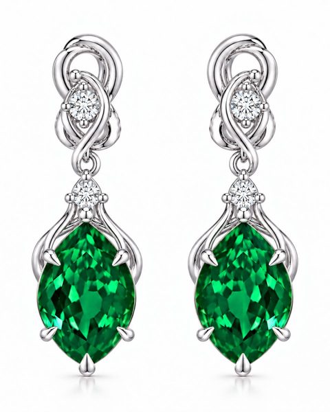 Green teardrop earrings below white-metal infinity-shaped loops.