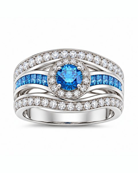 The TruAmore Azure Opulent Ring: a round blue stone in a halo of small clear stones, on layered white-metal bands set with rows of blue and clear stones.