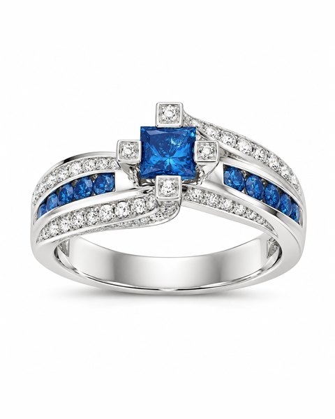 The TruAmore Regal Prismatic Ring: a square blue stone held by four square accents, on intertwined white-metal bands of blue and clear stones.