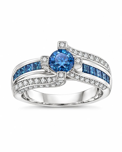 The TruAmore Sapphire Resplendent Ring: a round blue stone between four small clear stones, on a crossover white-metal band set with blue and clear stones.