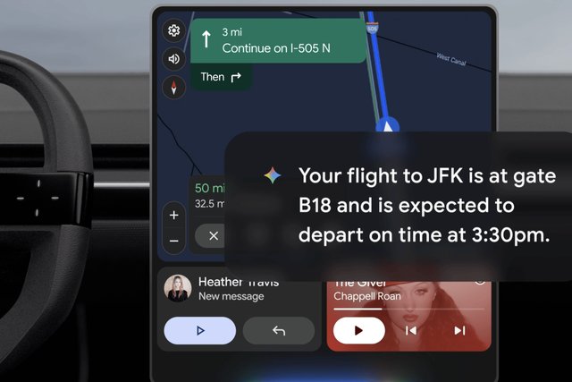 A car's dashboard screen shows a map with directions and a Gemini card: "Your flight to JFK is at gate B18 and is expected to depart on time at 3:30pm."