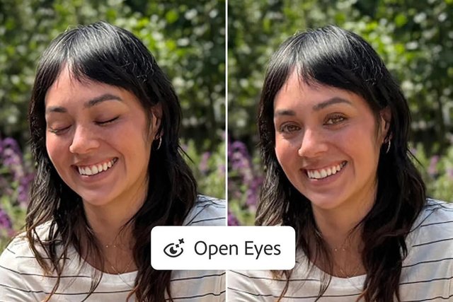 The same smiling woman twice, eyes closed on the left and open on the right, with an Open Eyes button between the two photos.