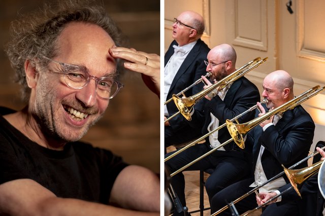 Two photos side by side: Tod Machover smiling, a hand to his forehead, and trombonists of the Boston Symphony Orchestra in concert dress.