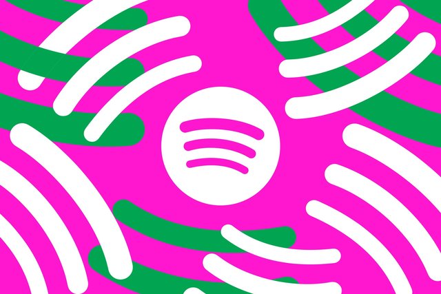 The Spotify logo in white on a bright pink and green background of curving stripes.