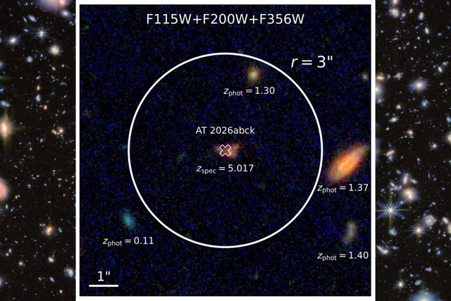 Webb's deep-field view of distant galaxies, with a panel magnifying the faint supernova inside a white circle, labelled AT 2026abck.
