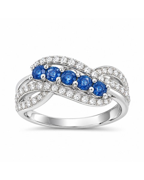 Five blue stones in a diagonal arrangement across a crossover ring.